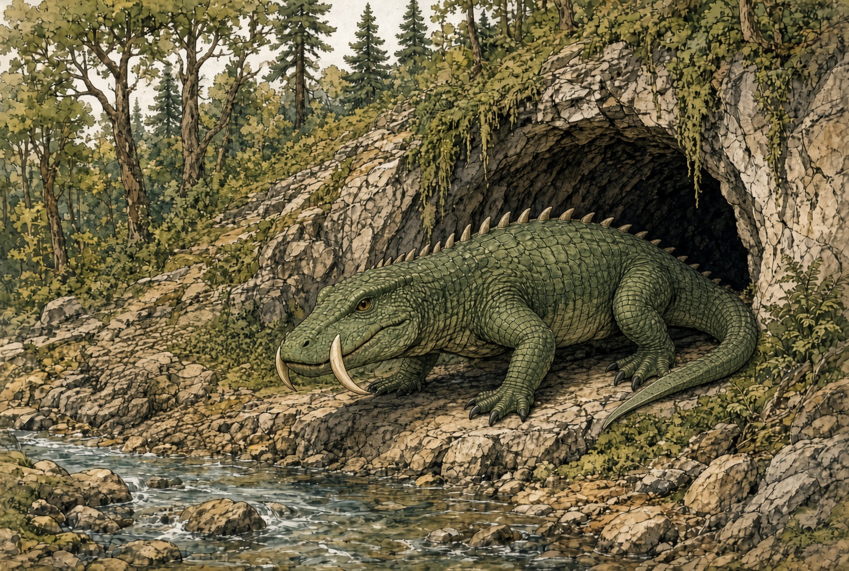 A green-scaled Gowrow with tusks and a short sickle tail at the mouth of an Ozark cave