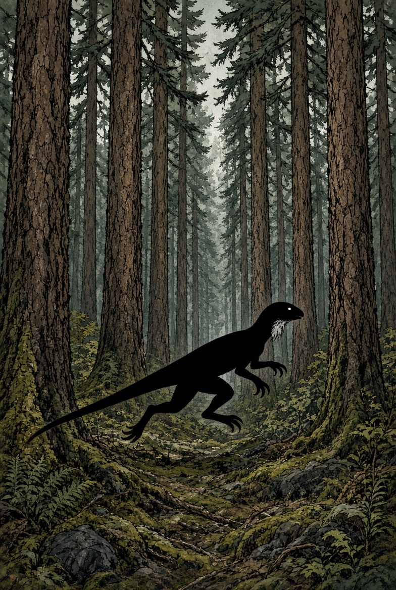 The Jimplicute as a running black silhouette between tall pines, a white pin-prick eye
