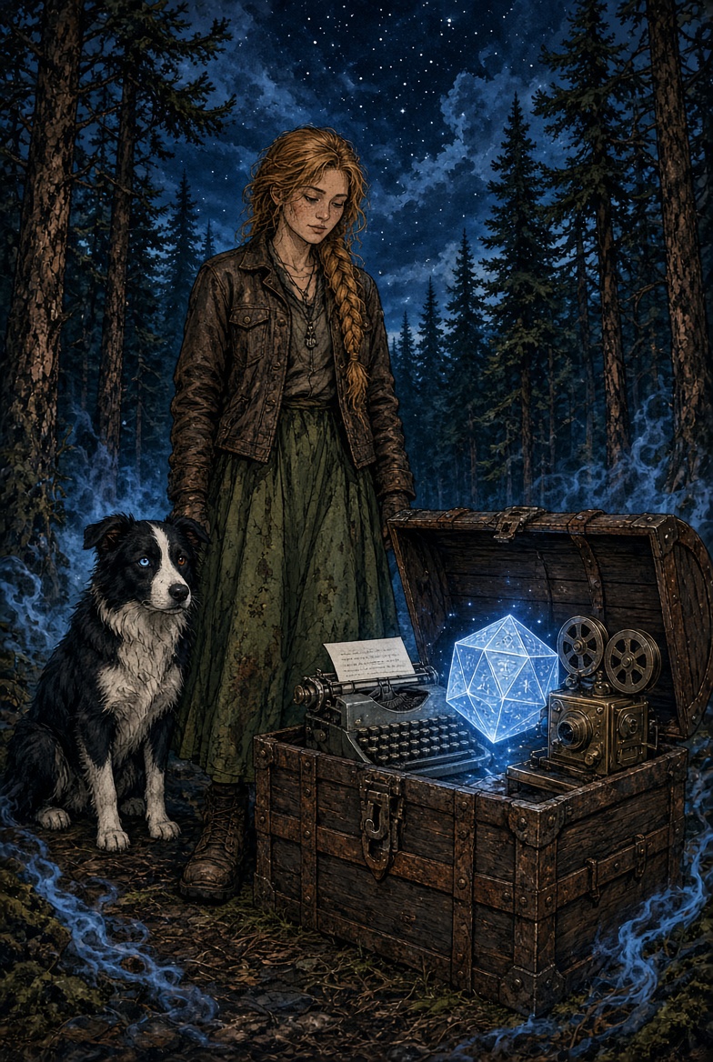 Dolly and Charlotte stand in a misty pine forest beside an open rusty chest holding a typewriter, a brass movie camera, and the glowing gift