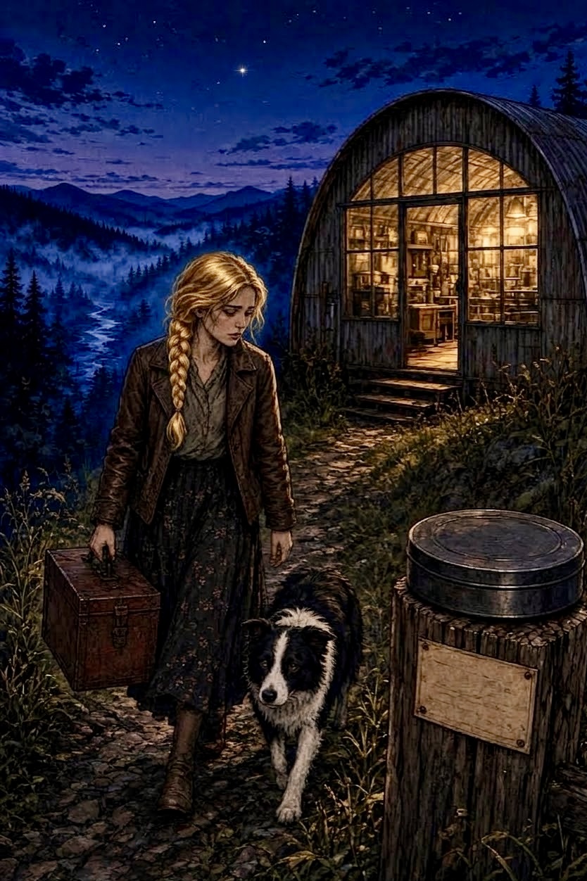 Dolly and Charlotte walk home to the glowing Quonset hut, Blue Mist in the valley behind them