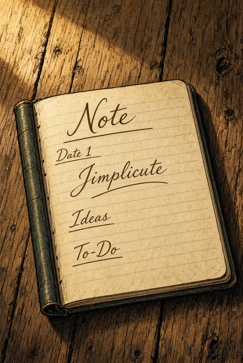 Open field notebook on a wooden table headed Note, Date 1, Jimplicute, Ideas, To-Do