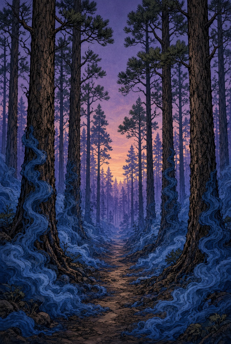 A pine path at dusk with sapphire Blue Mist coiled around the trunks