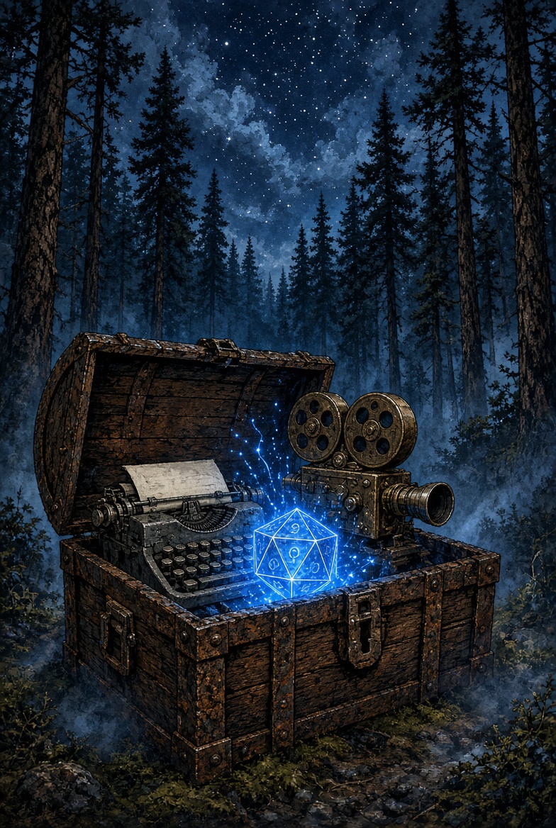 Open rusty chest in the night pines: typewriter, brass film camera, and a glowing blue icosahedron