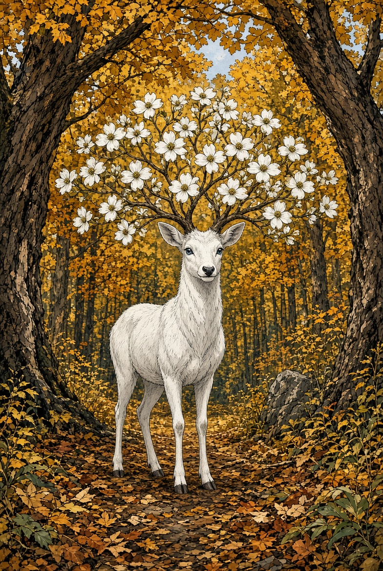 The Snawfus, a white stag with living dogwood blossoms for antlers, standing in an autumn forest room