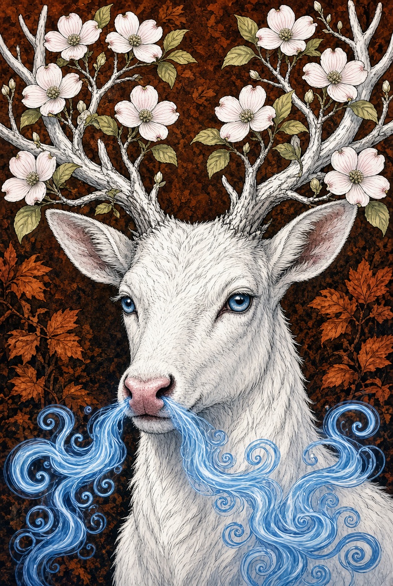 Close portrait of the Snawfus breathing curling ribbons of sapphire Blue Mist