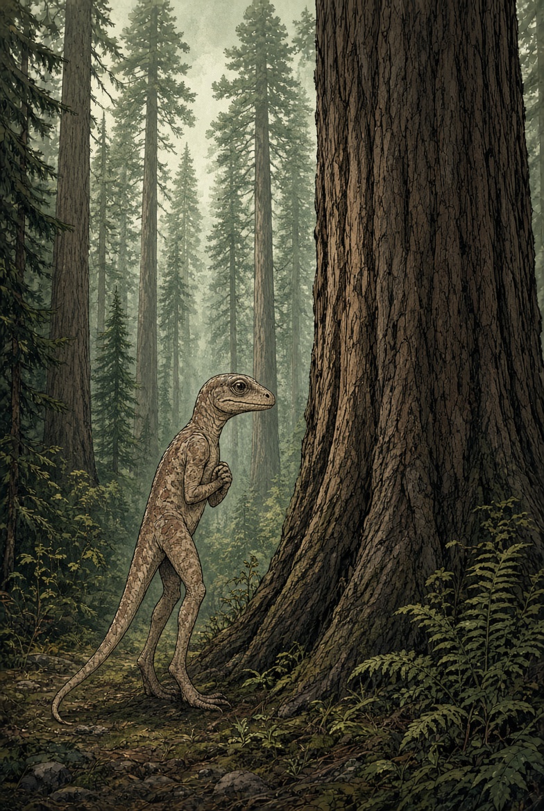 The Jimplicute, a tall slender bark-colored tree-lizard, standing beside a giant pine