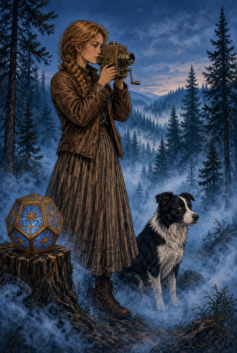 Dolly films the Blue Mist with a brass camera while Charlotte sits watch; the glowing gift rests on a stump