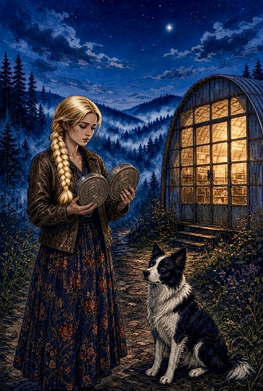 Dolly compares two film tins on the path to the glowing Quonset while Charlotte looks up at her