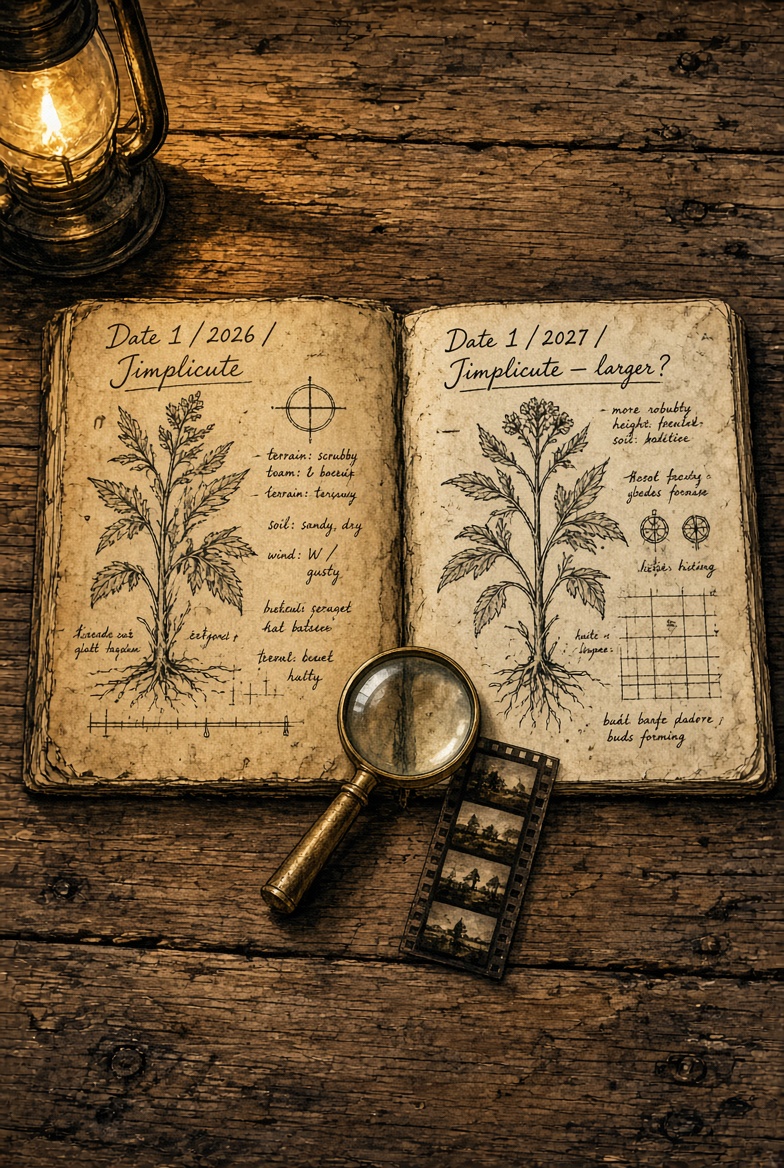 Two field-book pages side by side: Date 1 2026 Jimplicute and Date 1 2027 Jimplicute — larger?