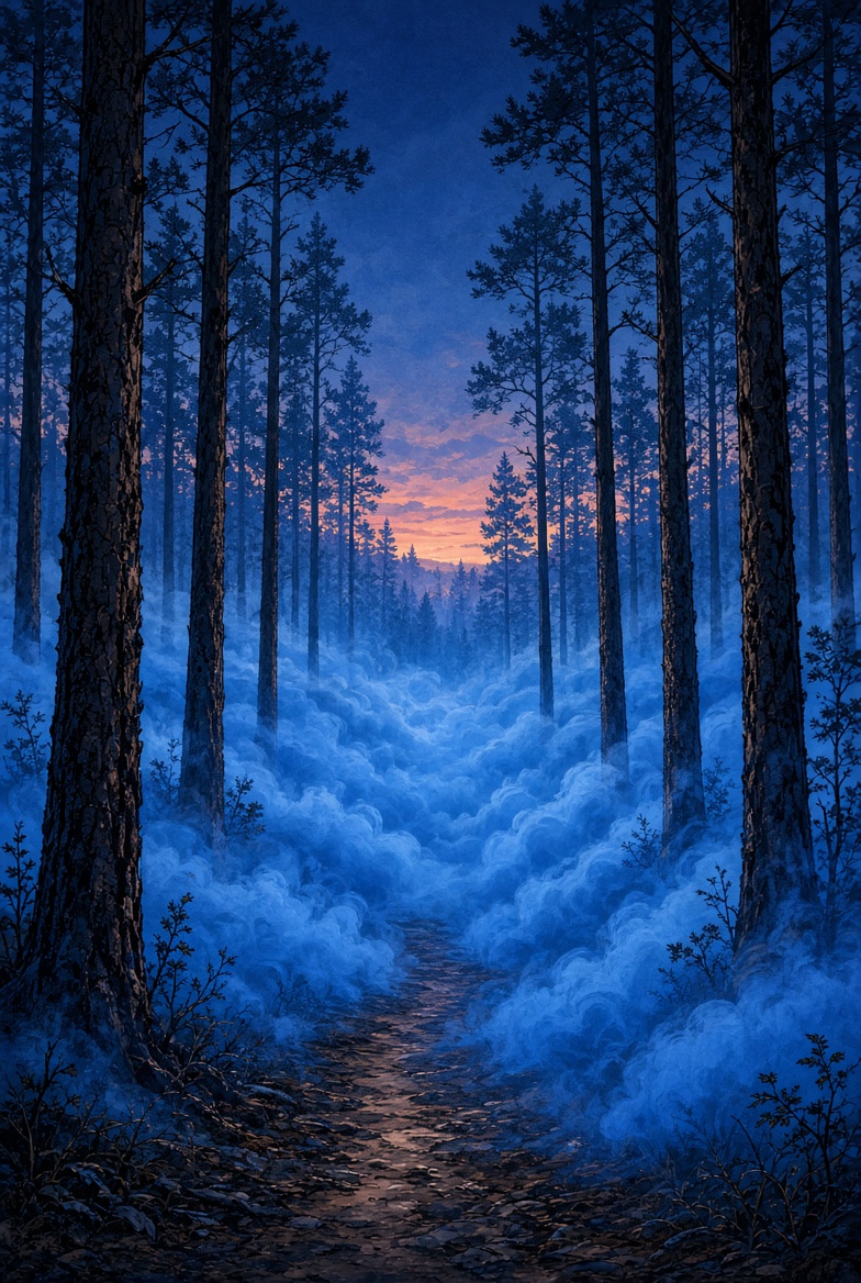 The pine path at dusk, Blue Mist risen far higher and thicker than the year before