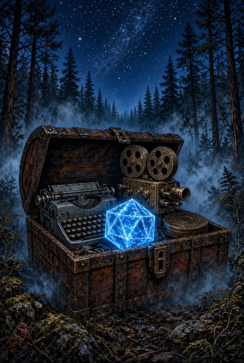 The open rusty chest with typewriter, brass camera, a blazing blue icosahedron, and last year’s film tin