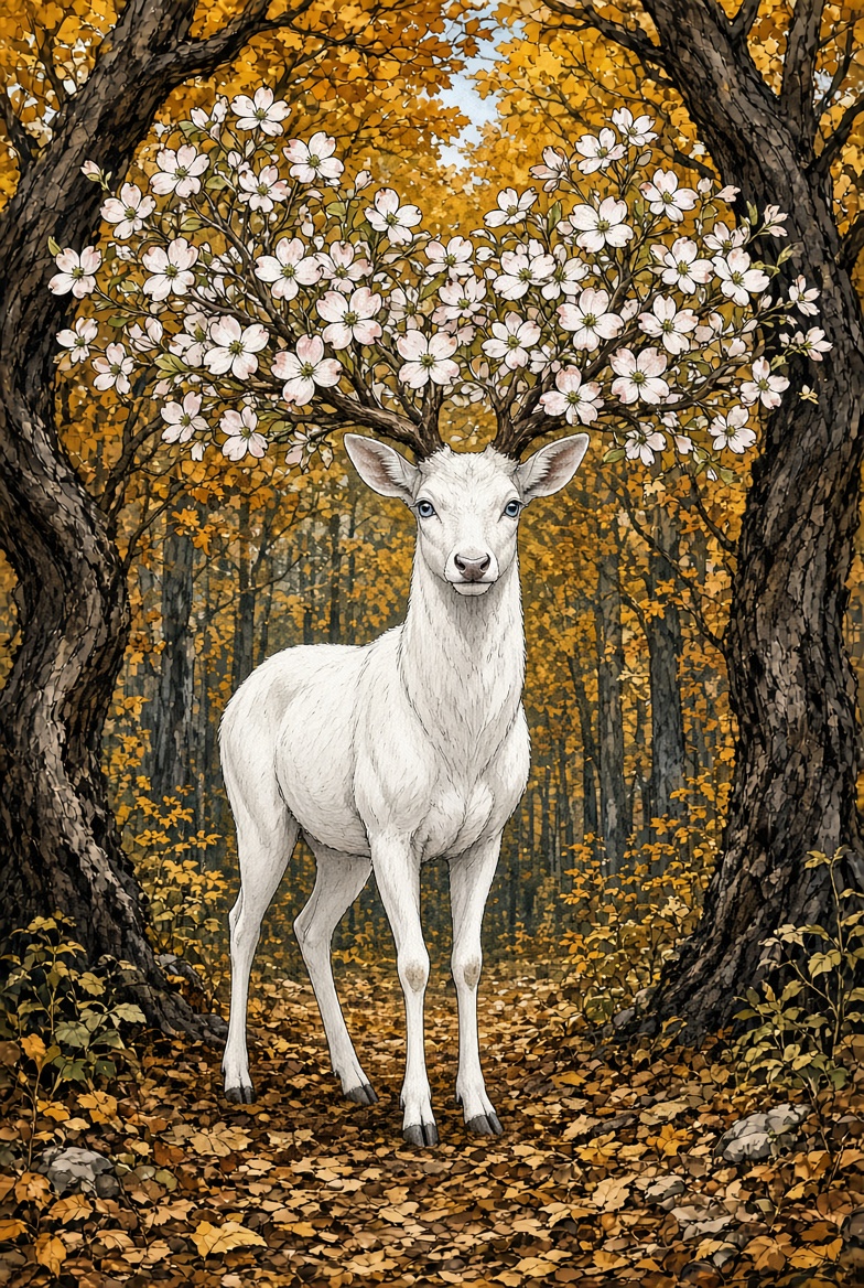 The Snawfus in the autumn room, dogwood antlers heavier with blossom than the year before