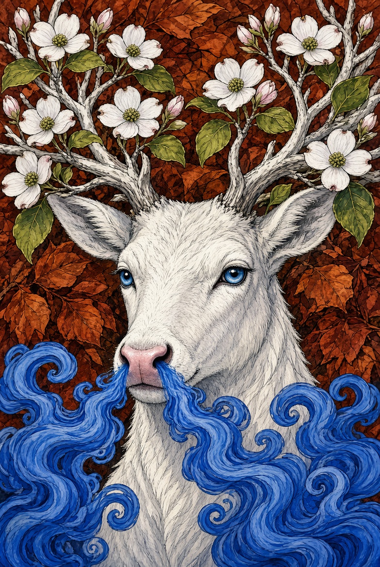 Close portrait of the Snawfus breathing thicker, denser ribbons of sapphire Blue Mist