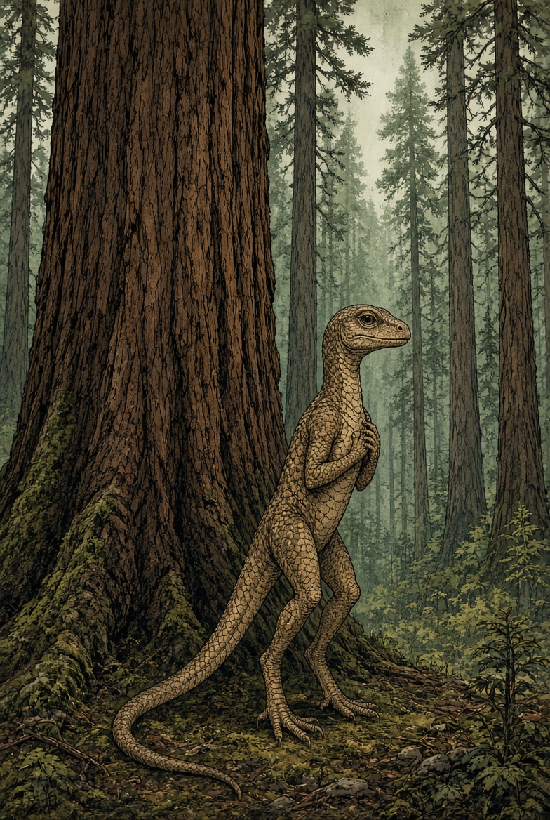 The Jimplicute standing beside a giant pine, taller and heavier than last year’s shy tree-lizard