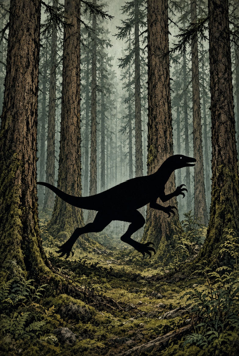 The Jimplicute as a larger running black silhouette between the pines