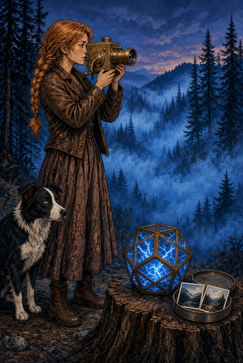 Dolly films the thicker Blue Mist; Charlotte watches; last year’s stills lie open beside the glowing gift