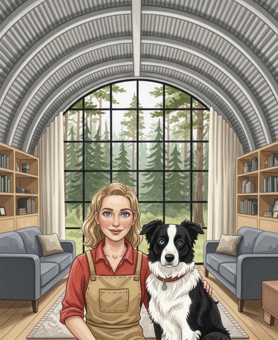 Dolly and Charlotte sitting inside their curved-roof home