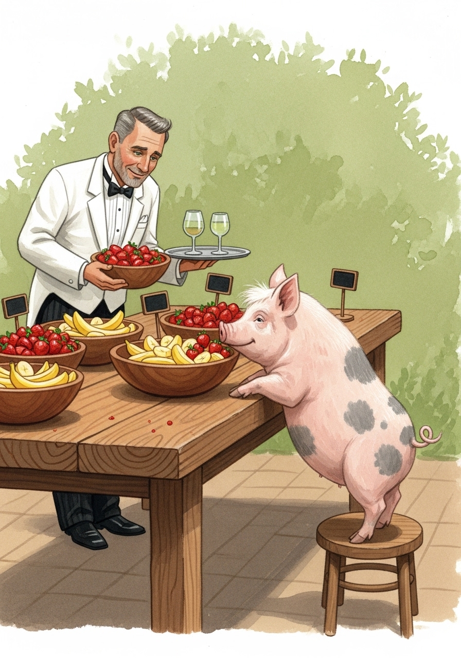 Arthur serving sliced fruit to pigs at a dining table