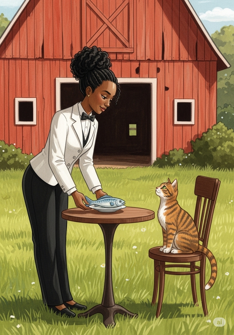 Mara serving fresh fish and meat plates to cats sitting on small wooden chairs