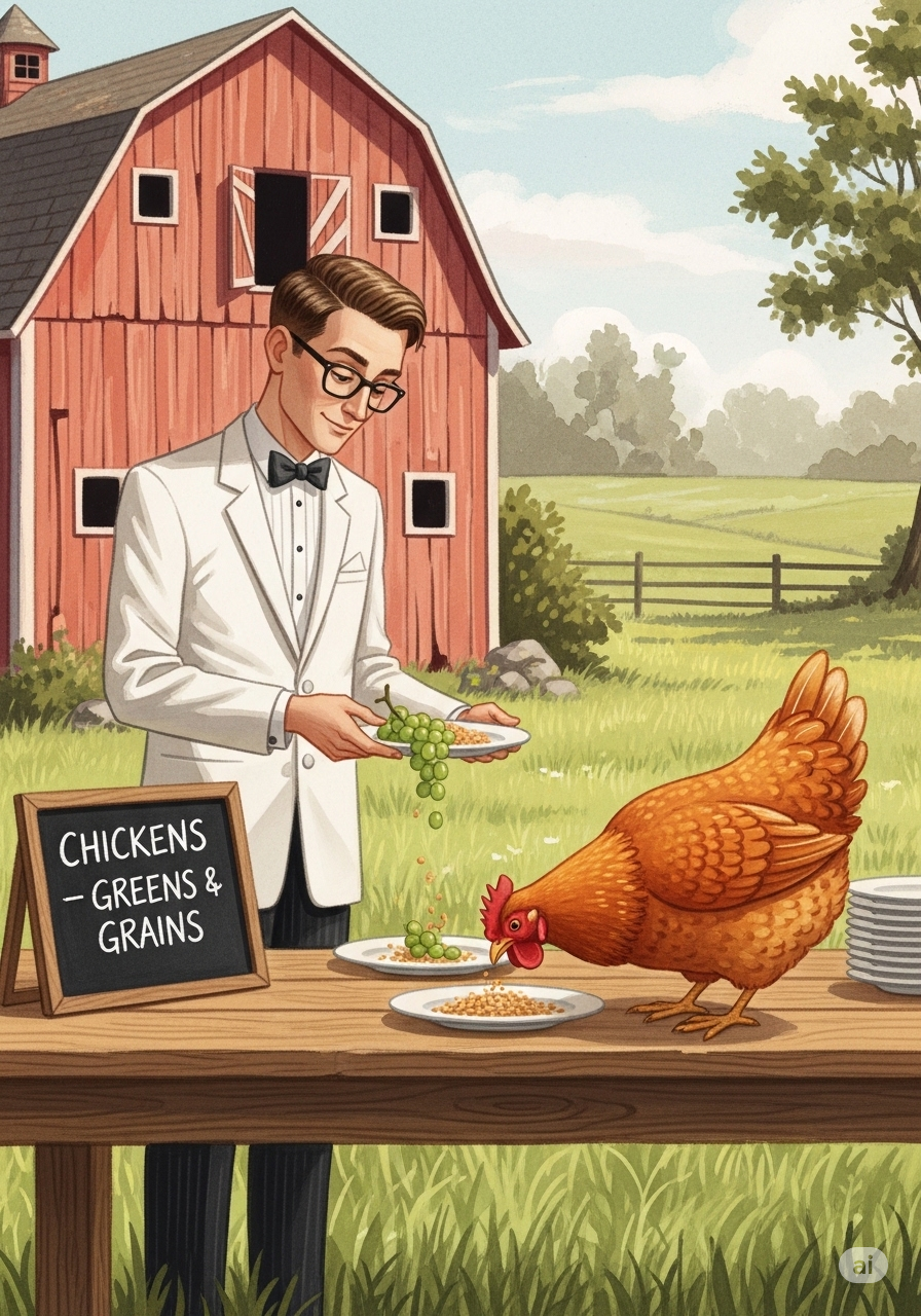 Sterling serving grains and fresh greens to chickens on a table