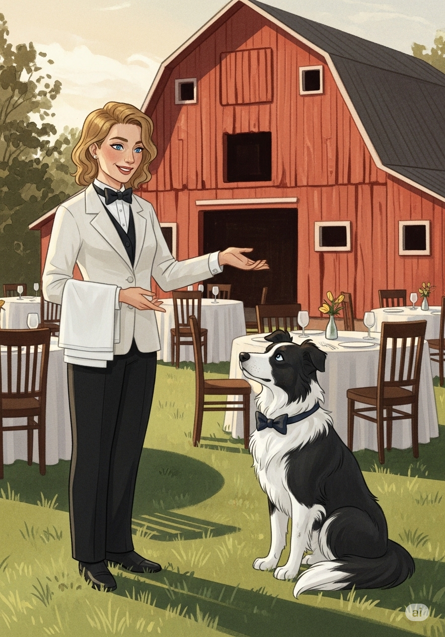 Charlotte the dog wearing a bow tie and supervising the outdoor dinner