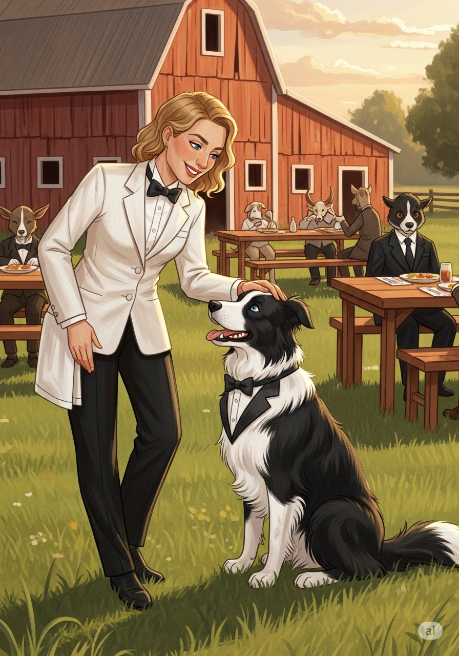 Dolly smiling happily at the well-fed animals in the field