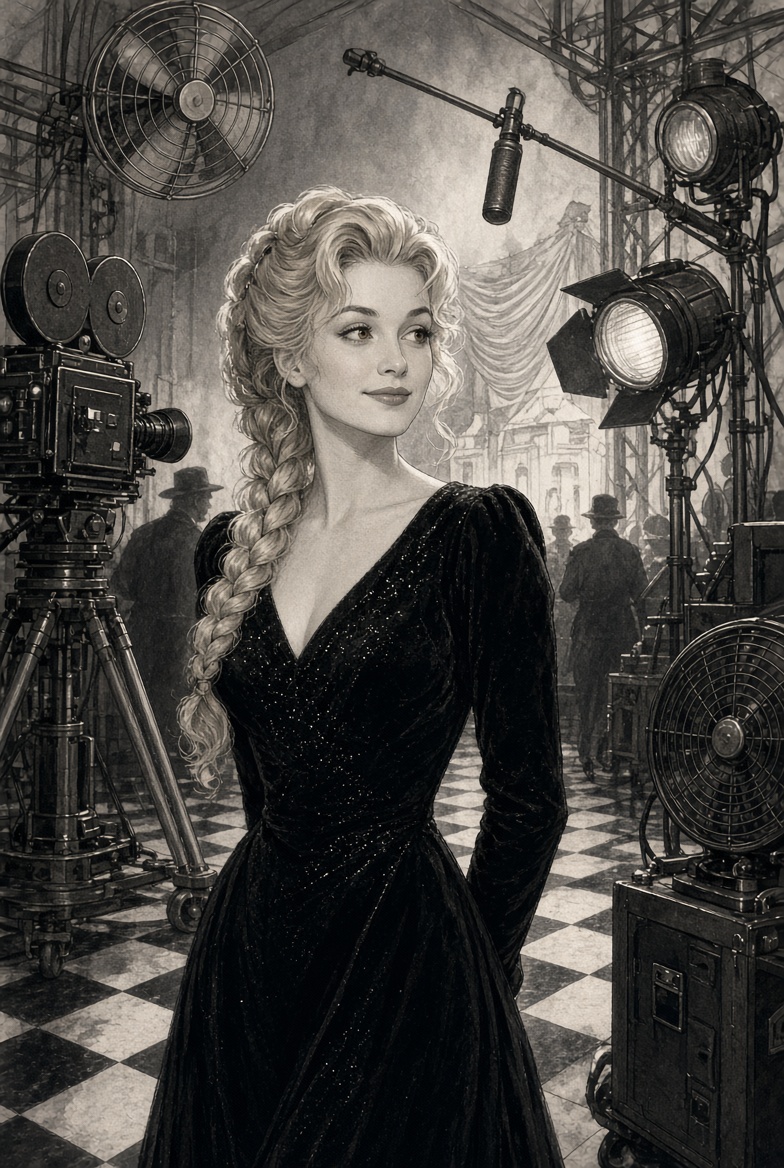 Dolly as a 1931 Hollywood producer in a velvet gown on a black-and-white soundstage