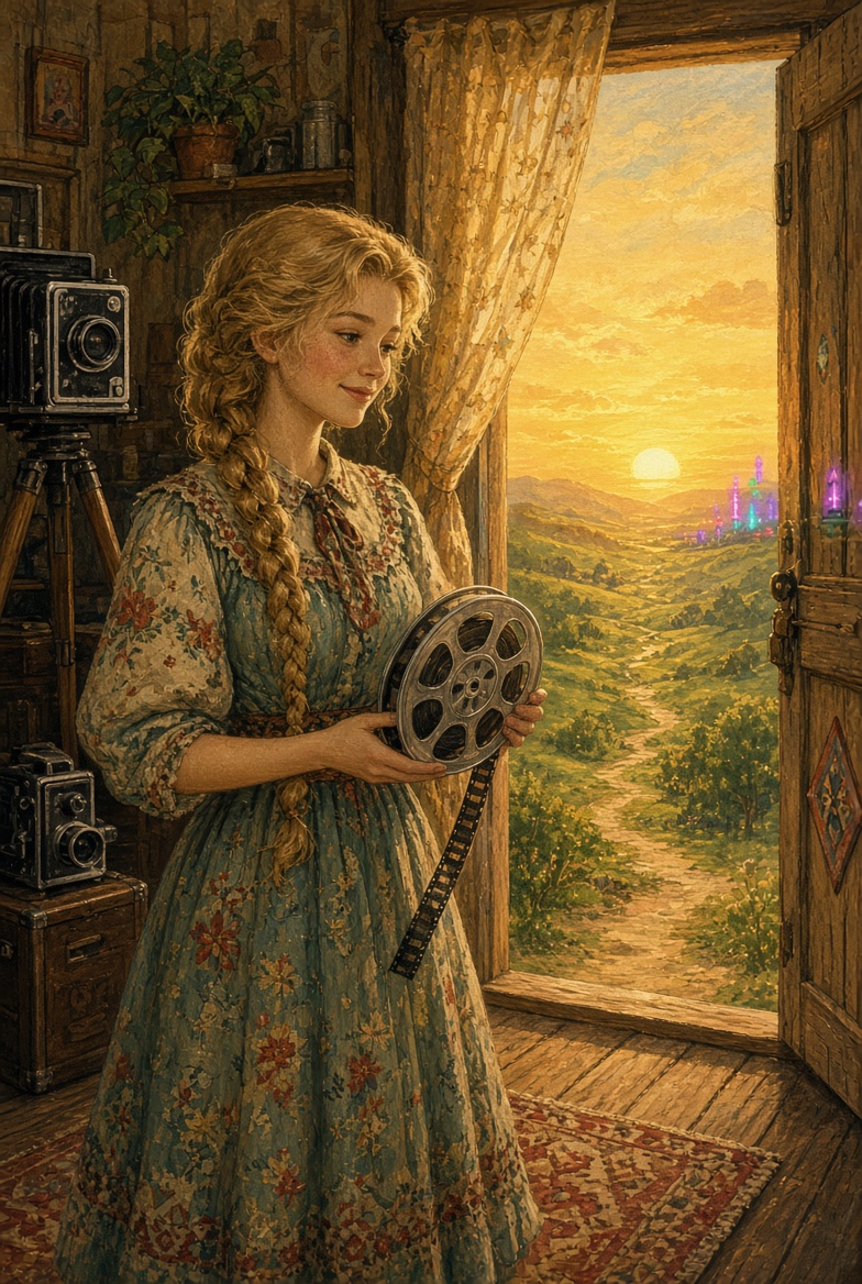 Dolly holding a new reel of film and looking toward a golden horizon beyond the studio doors