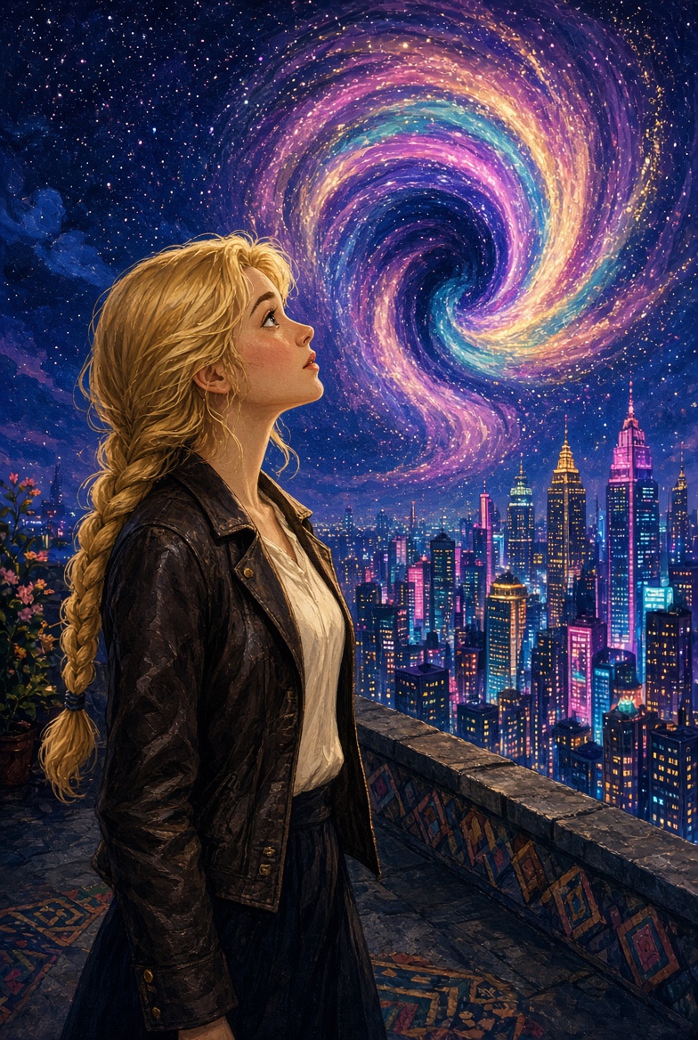 Dolly in a leather jacket on a neon rooftop looking at a shimmering time rift
