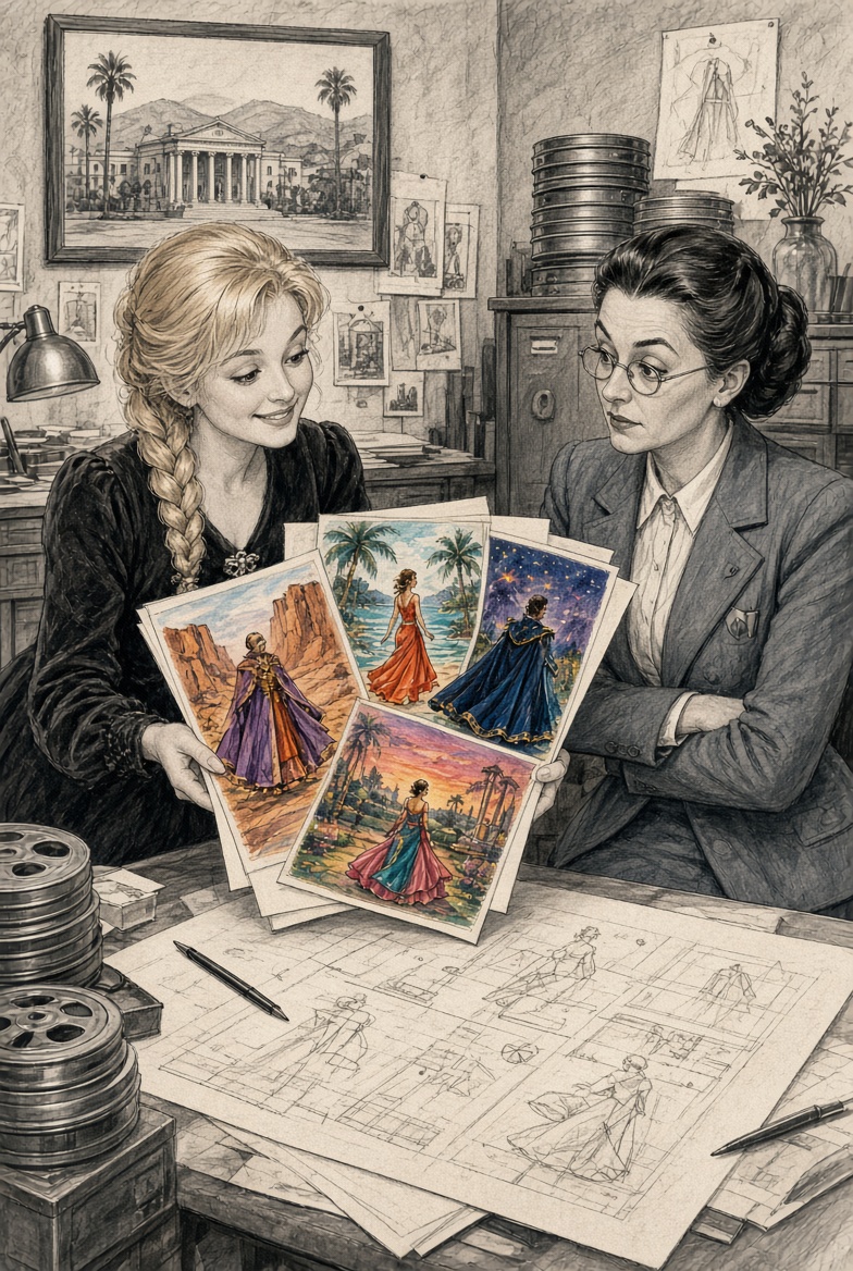 Dolly showing colorful costume sketches to her skeptical assistant Margot in a grey 1931 office