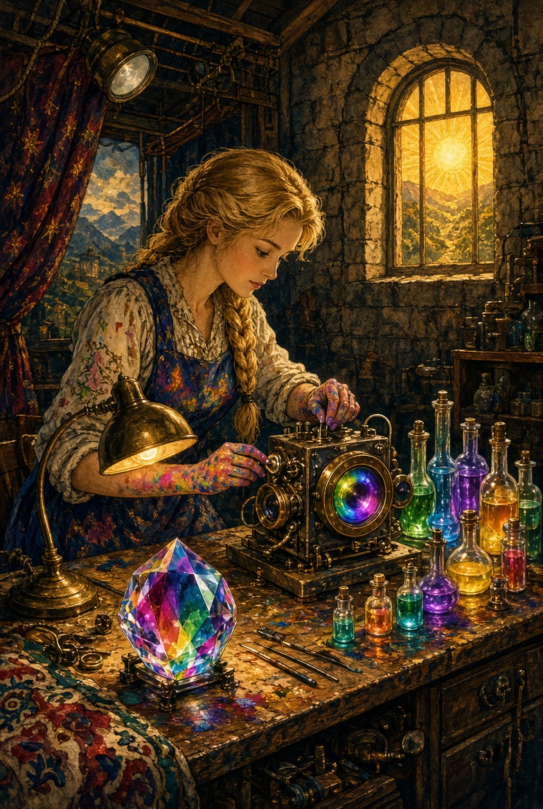Dolly in a secret laboratory building a prismatic color camera with stained hands