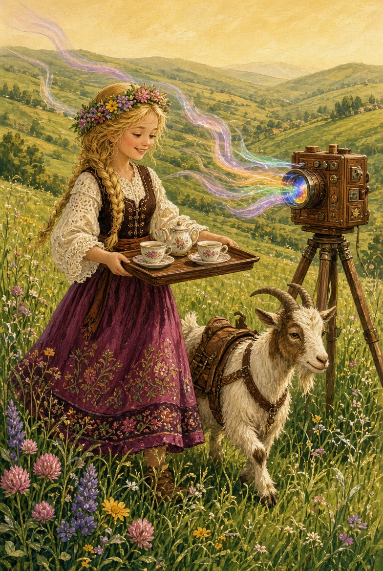 Dolly as the Goat Maiden filming in the hills with Barnaby the goat and a humming color camera