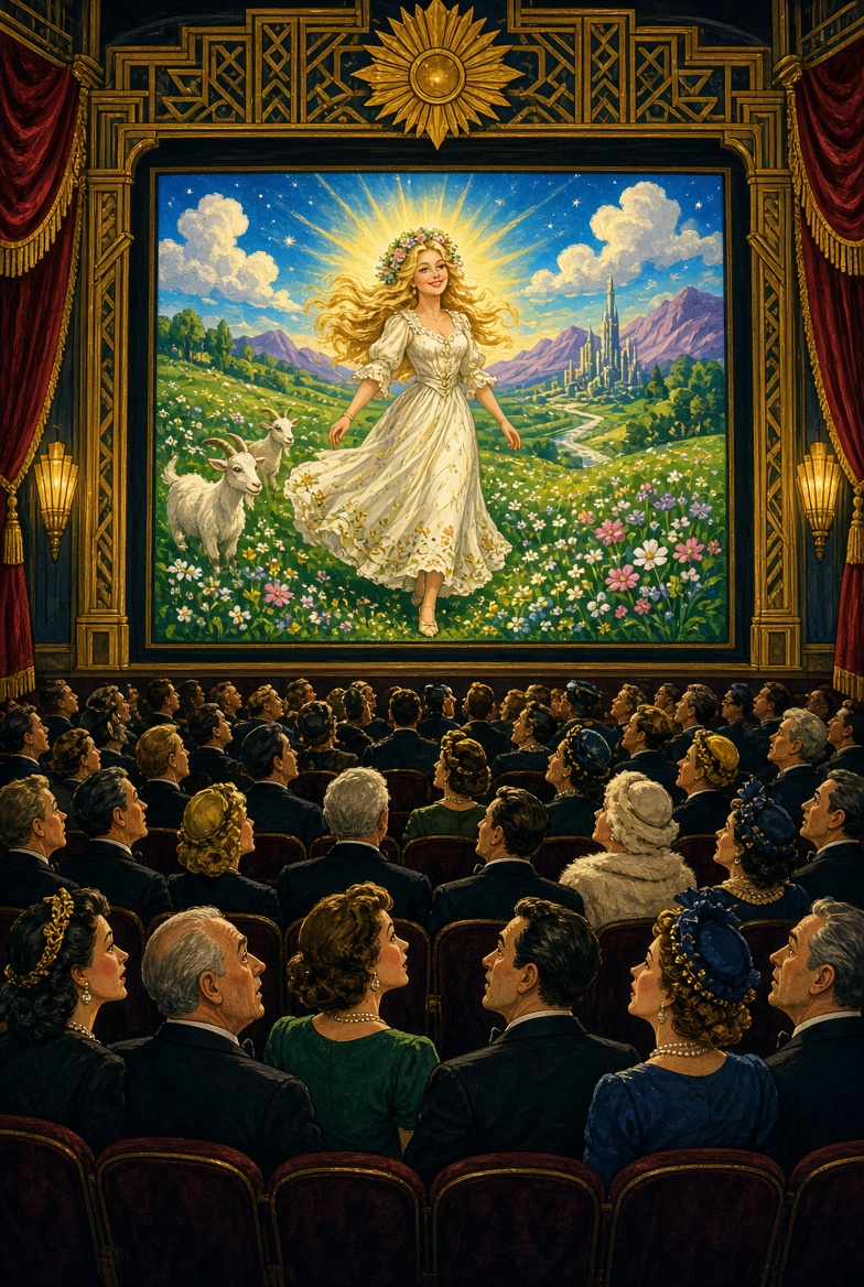 1931 Hollywood premiere audience gasping as The Goat Maiden fills the screen in full color