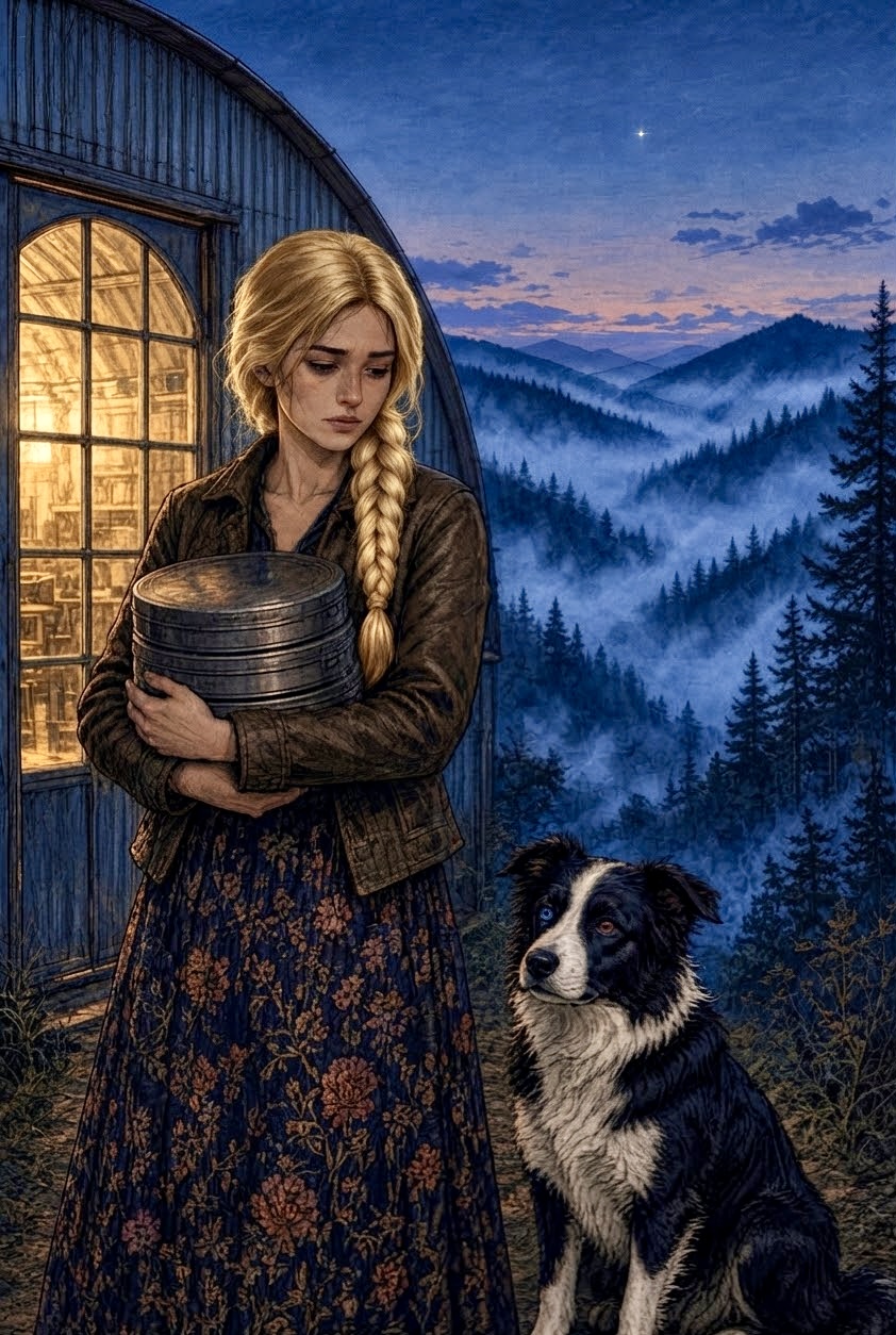 Dolly holds a stack of three film tins beside the glowing Quonset; Charlotte sits with one blue eye and one brown