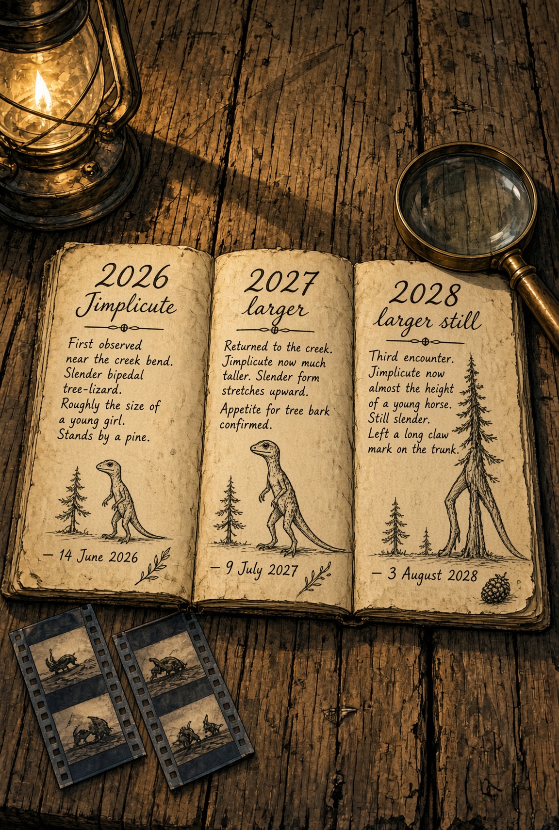 Field book opened across three years: 2026 Jimplicute, 2027 larger, 2028 larger still