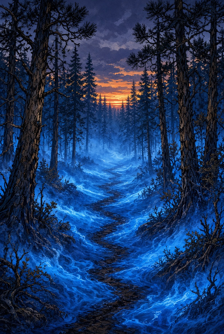 Pine path at dusk reduced to a thin thread through a flood of sapphire Blue Mist