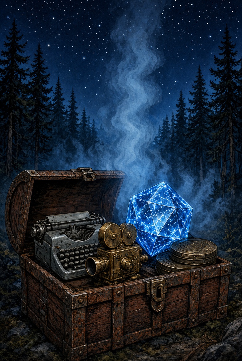 Open rusty chest: typewriter, brass camera, two film tins, and the gift blazing with blue lightning