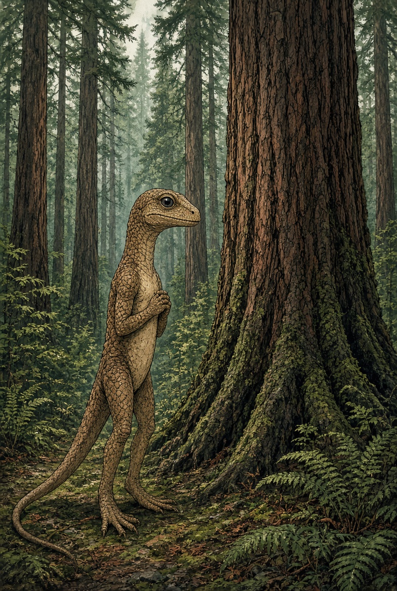 The Jimplicute standing by a giant pine, now nearly the height of a young horse