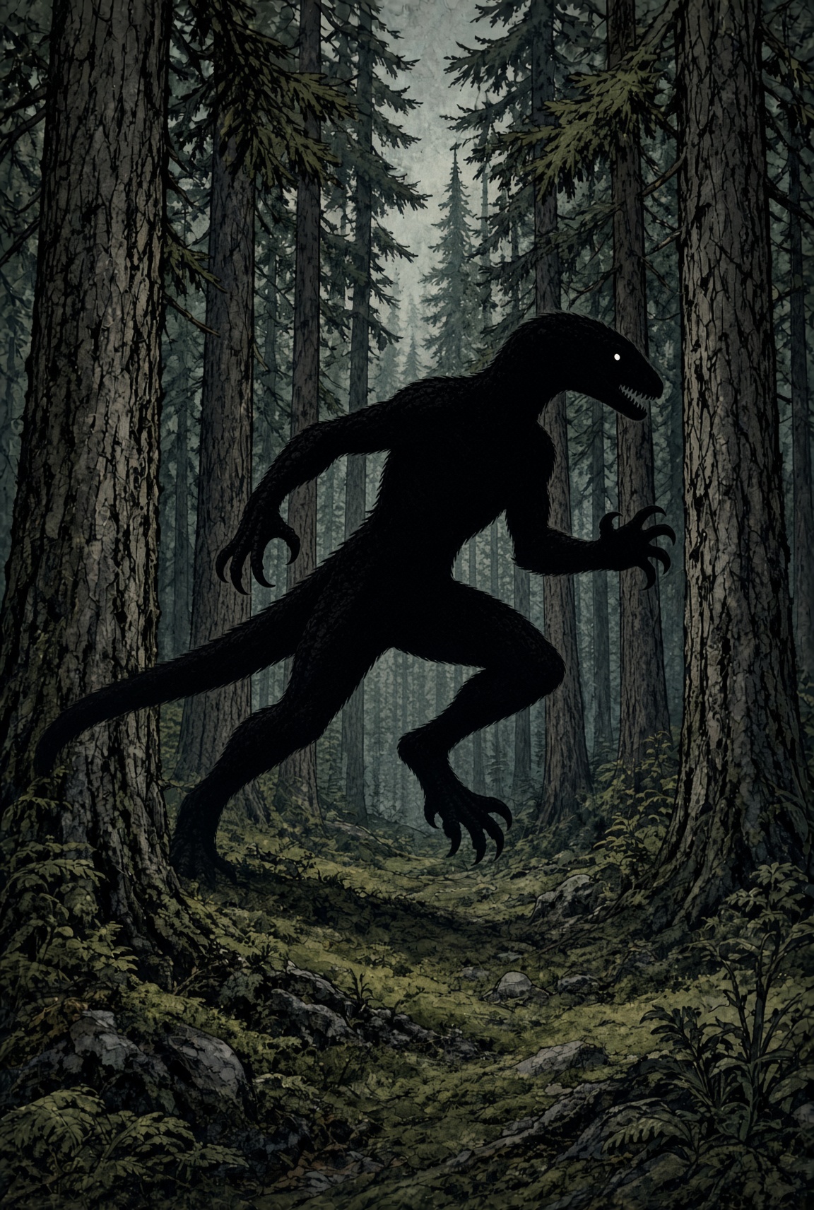 The Jimplicute as a much larger running lizard-shadow between the pines