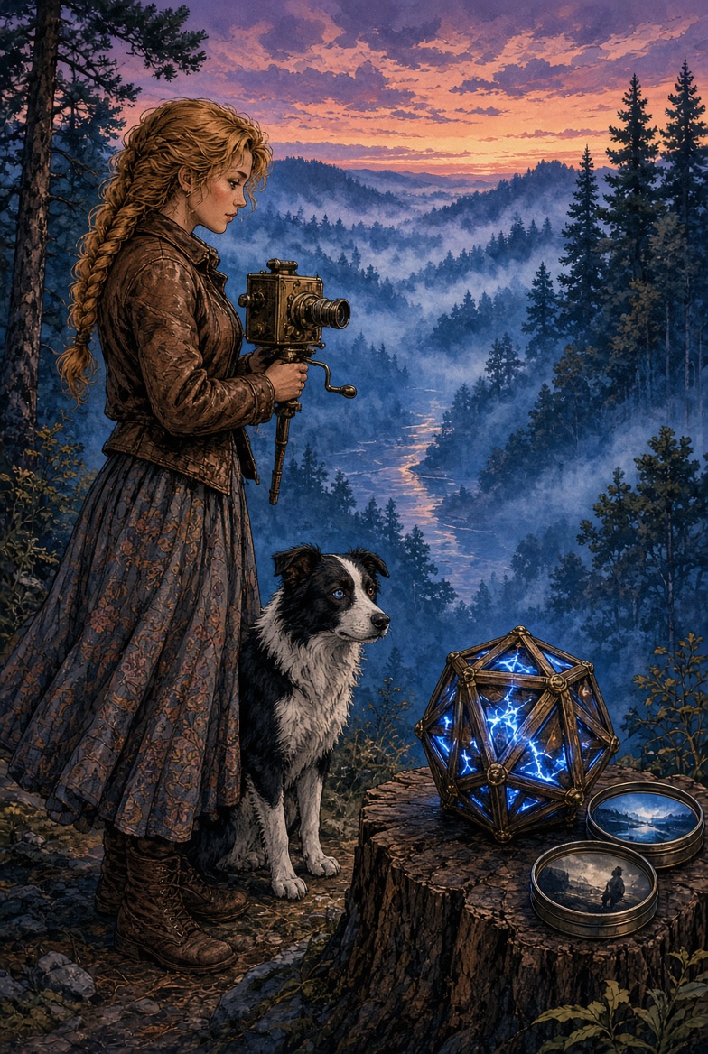 Dolly films a valley of Blue Mist; two comparison tins and the lightning gift sit on a stump; Charlotte watches