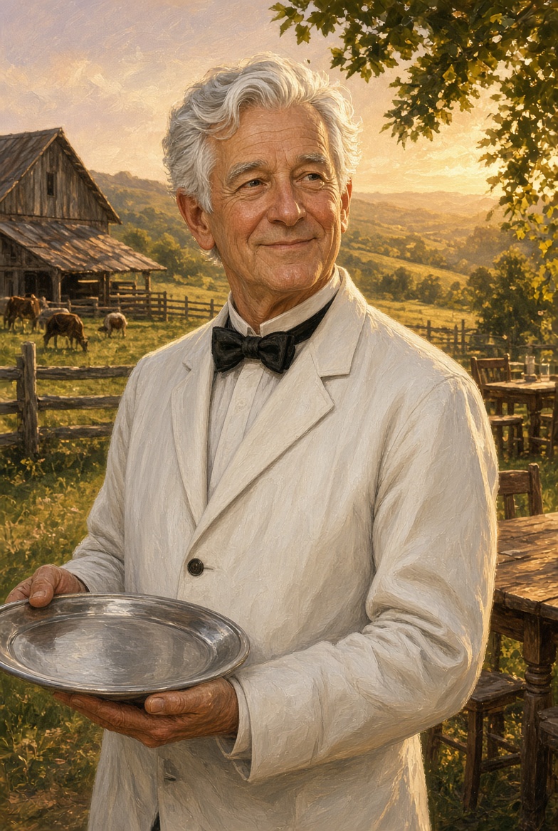 Arthur in a white waiter jacket with a silver tray at the field tables