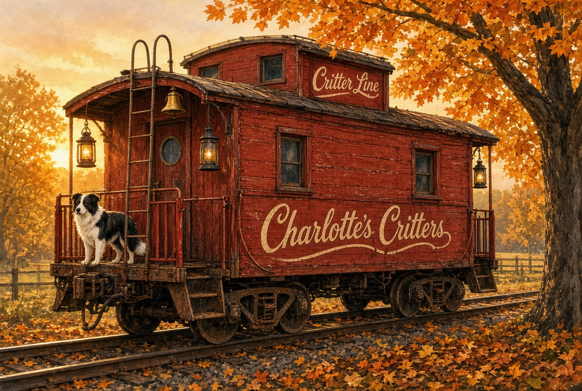 Charlotte’s Critters caboose on the farm track under autumn maples