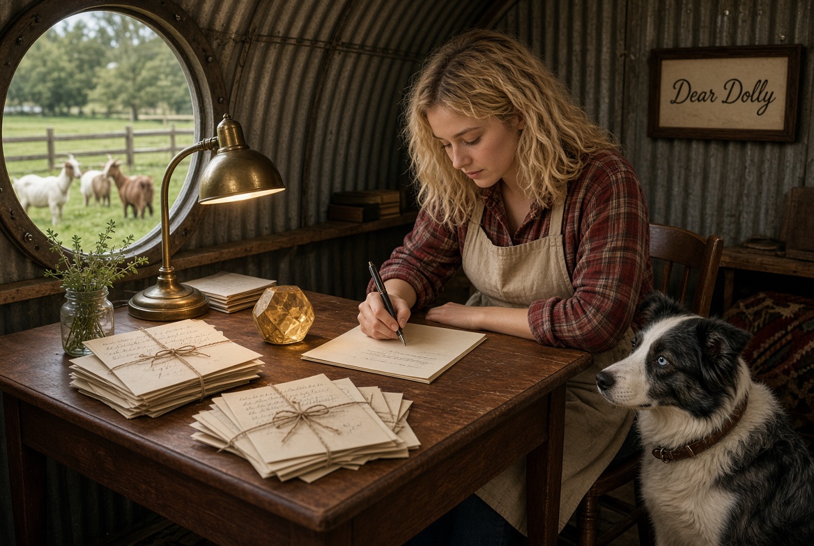 Dolly at the Quonset writing desk answering letters, Charlotte watching, goats in the porthole