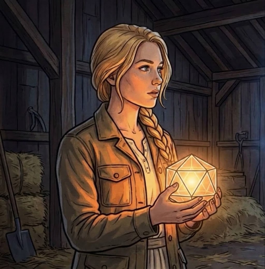 Dolly in the barn at dusk, braid over one shoulder, holding the gift in its icosahedron form — a glowing twenty-faced lantern