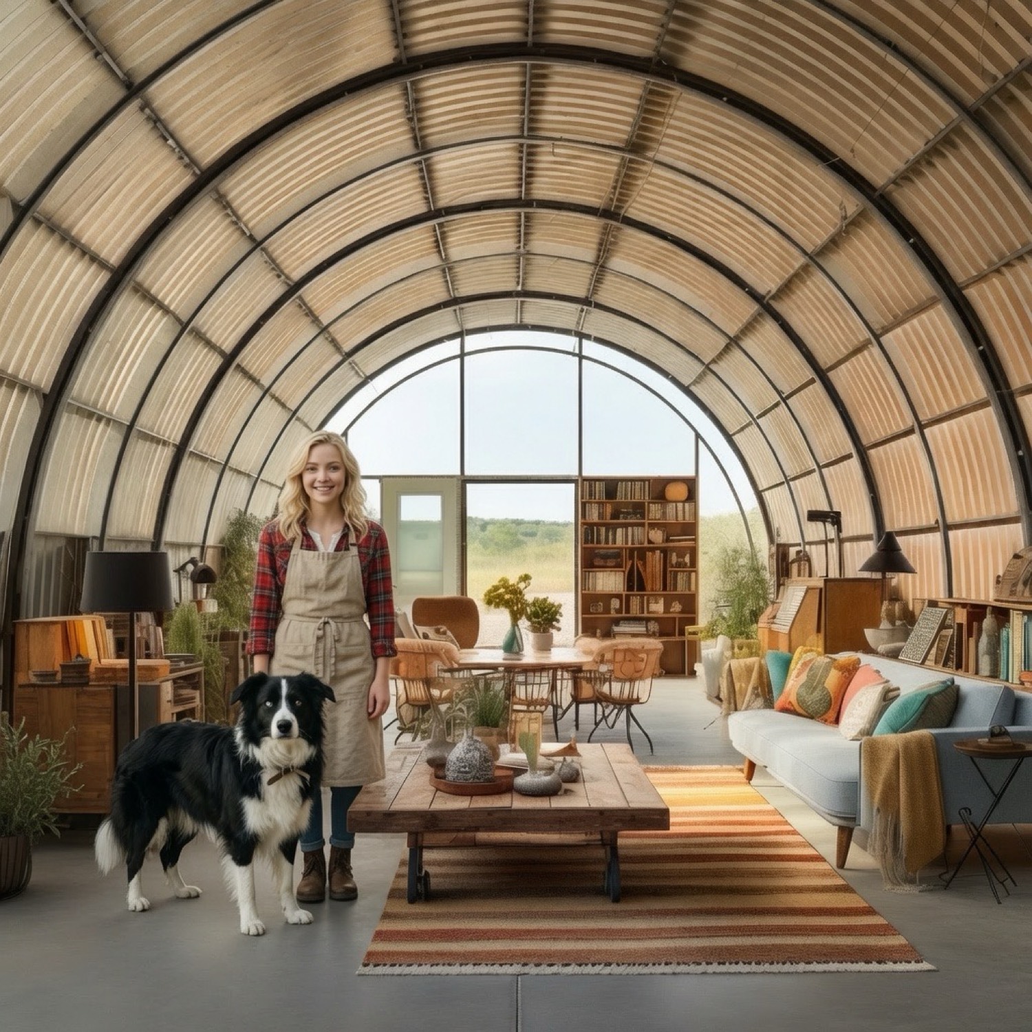 Dolly and Charlotte in the Quonset great room under the glass end-wall