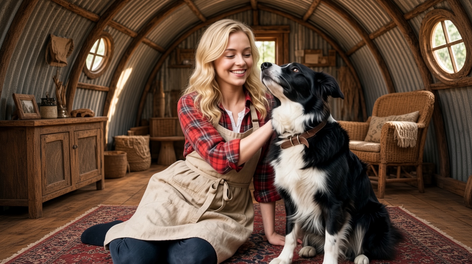 Dolly and Charlotte in a cozy Quonset room: plaid, apron, Persian rug, tunnel ceiling
