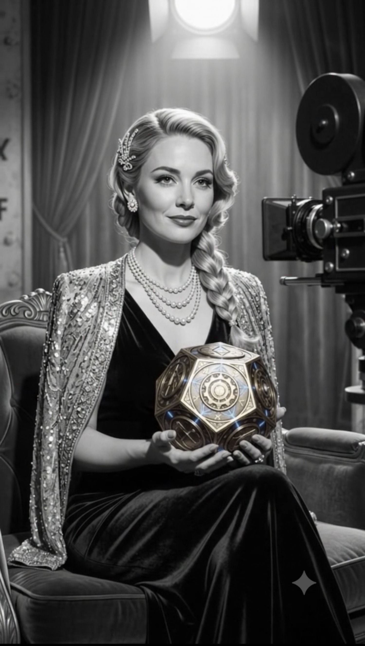 Dolly in pearls and velvet holding the glowing dodecahedron beside a studio camera