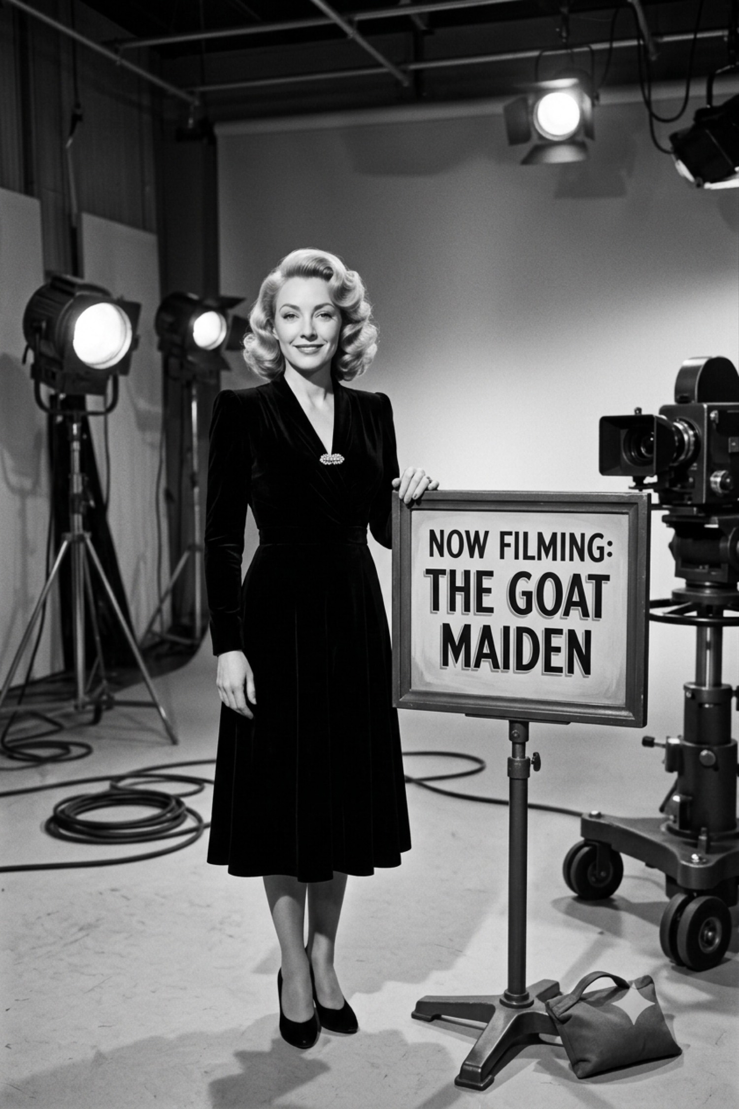Dolly in a black velvet dress on a soundstage beside a slate reading NOW FILMING THE GOAT MAIDEN