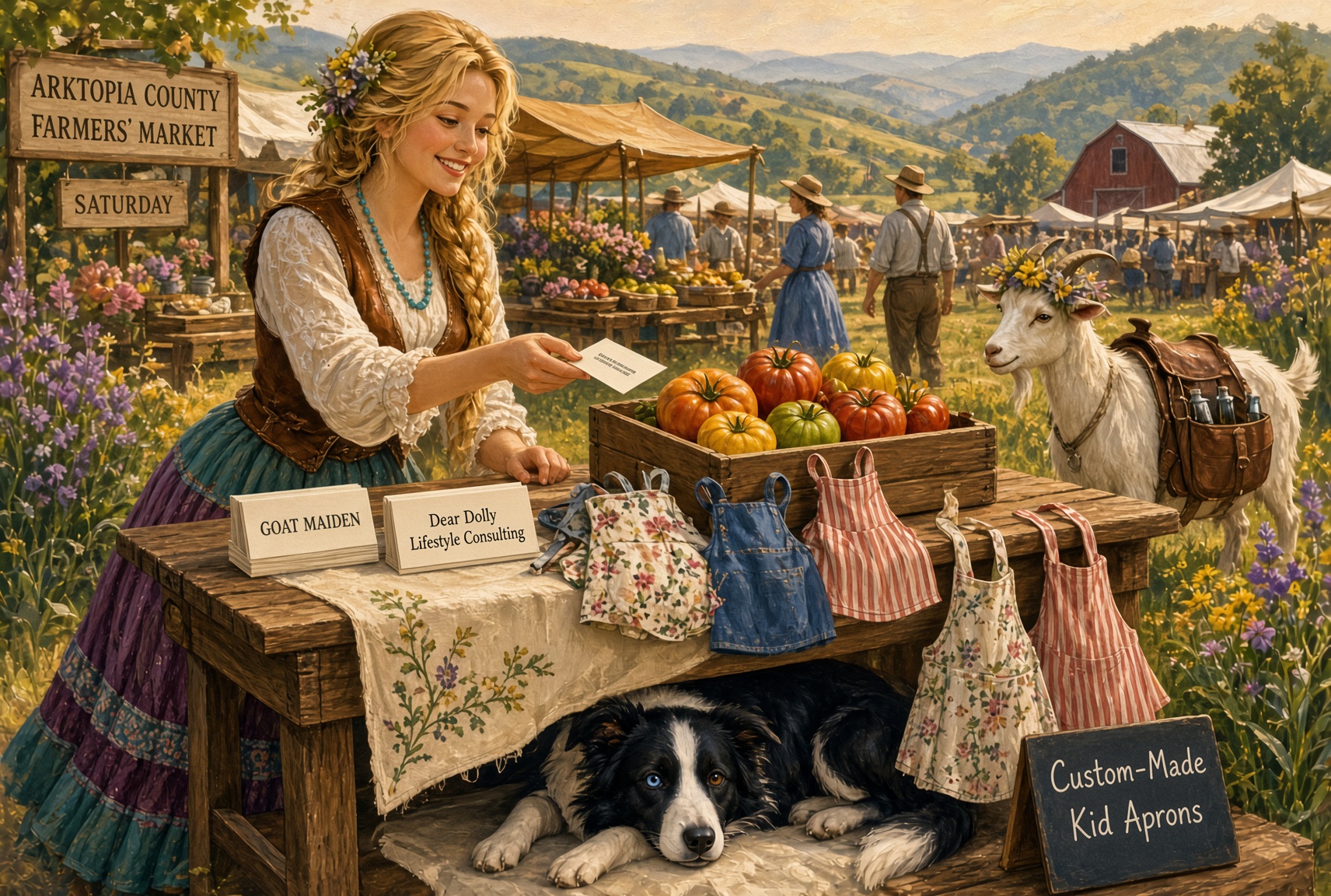 Dolly in Goat Maiden dress at the Arktopia County Farmers Market, cards reading Goat Maiden and Dear Dolly Lifestyle Consulting, heirloom tomatoes and Custom-Made Kid Aprons on the table, Charlotte under the cloth with one blue eye and one brown