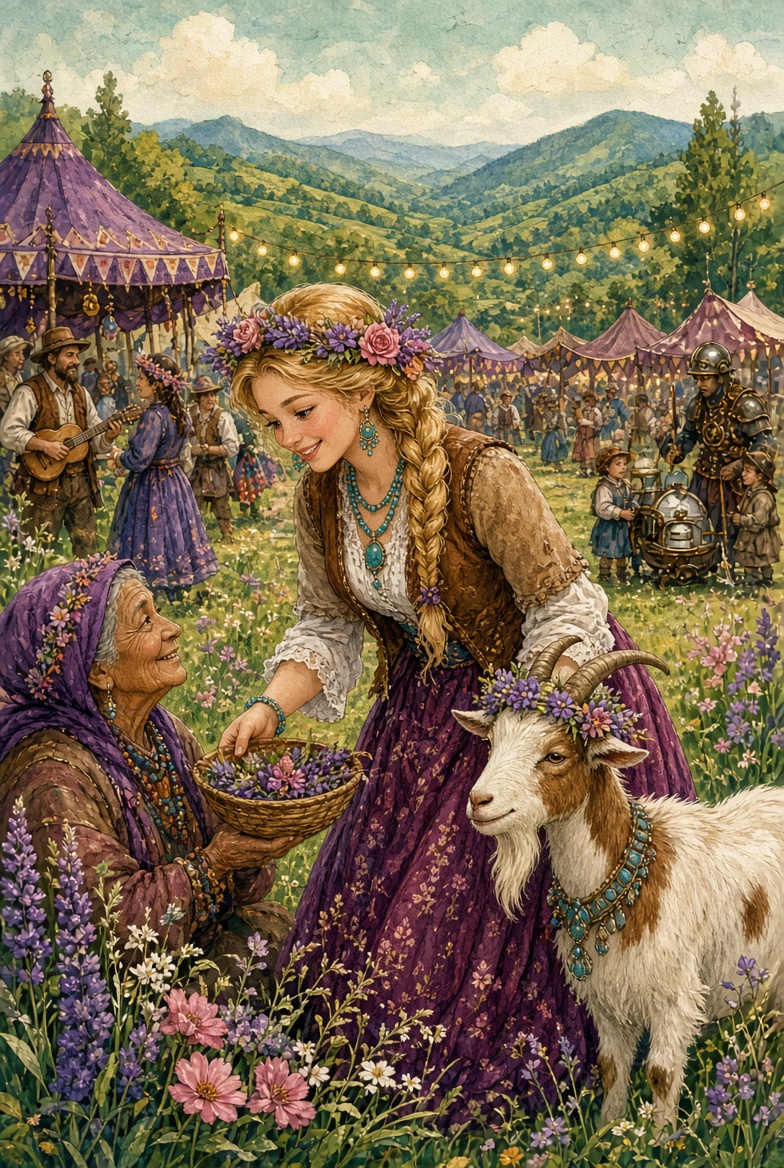 The Goat Maiden with a champagne tray and a flower-crowned pack goat under the Arkatype Farms beverages sign